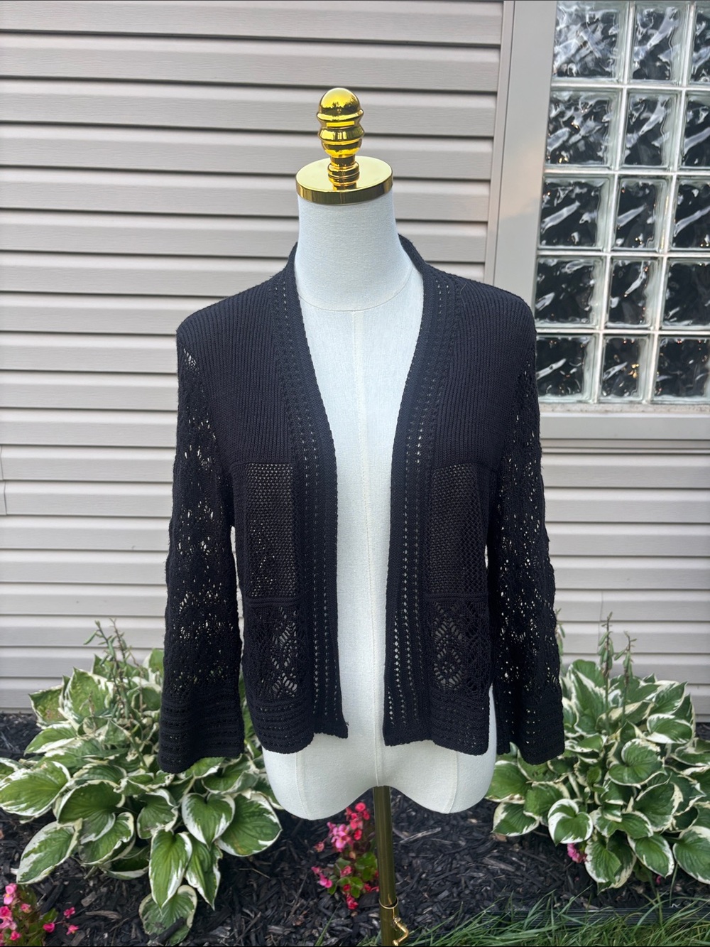 Classic Black Open-Weave Cardigan Sweater